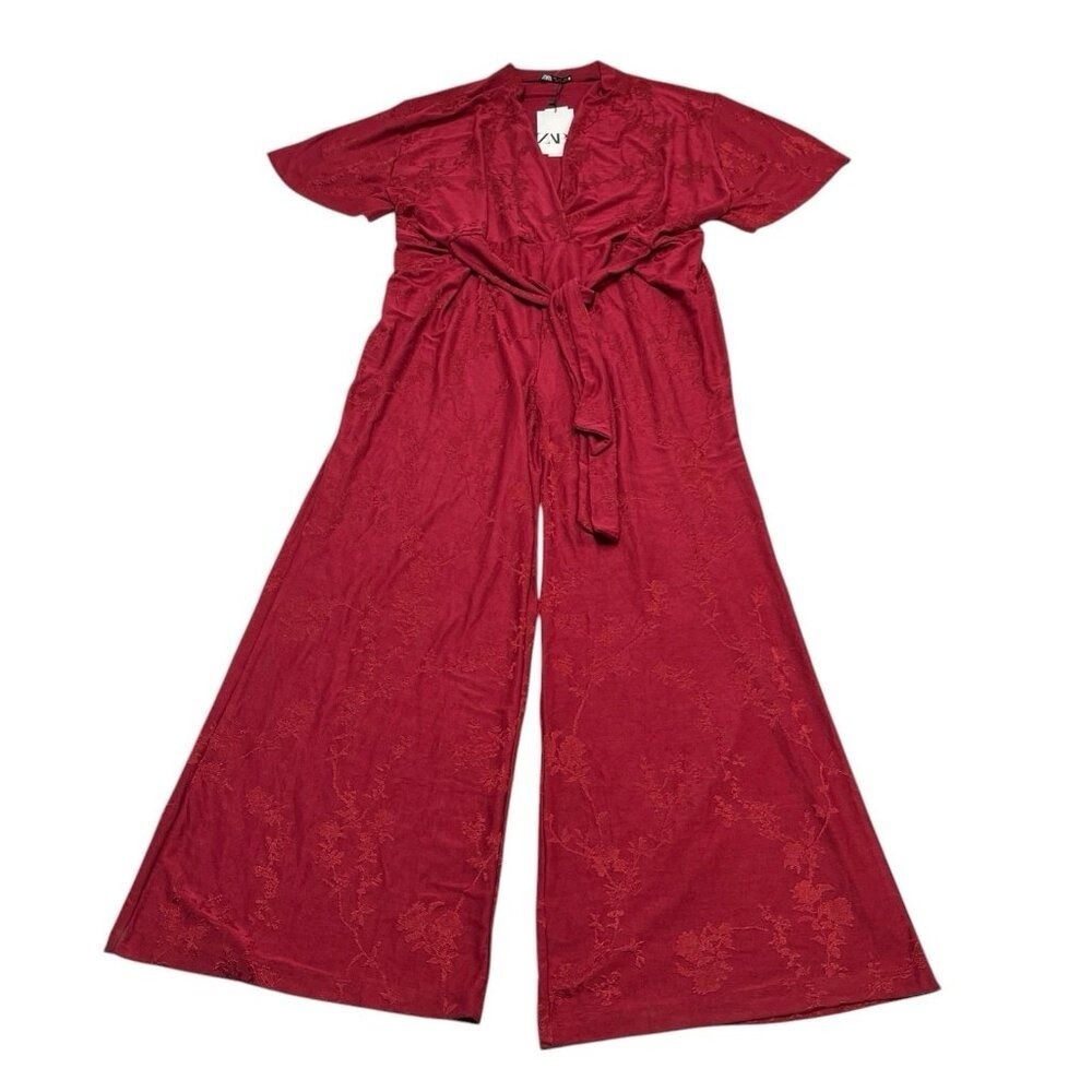 Zara Jumpsuit Red Floral Jacquard Jersey‎ Knit Wide Leg Tie Waist Size S Event